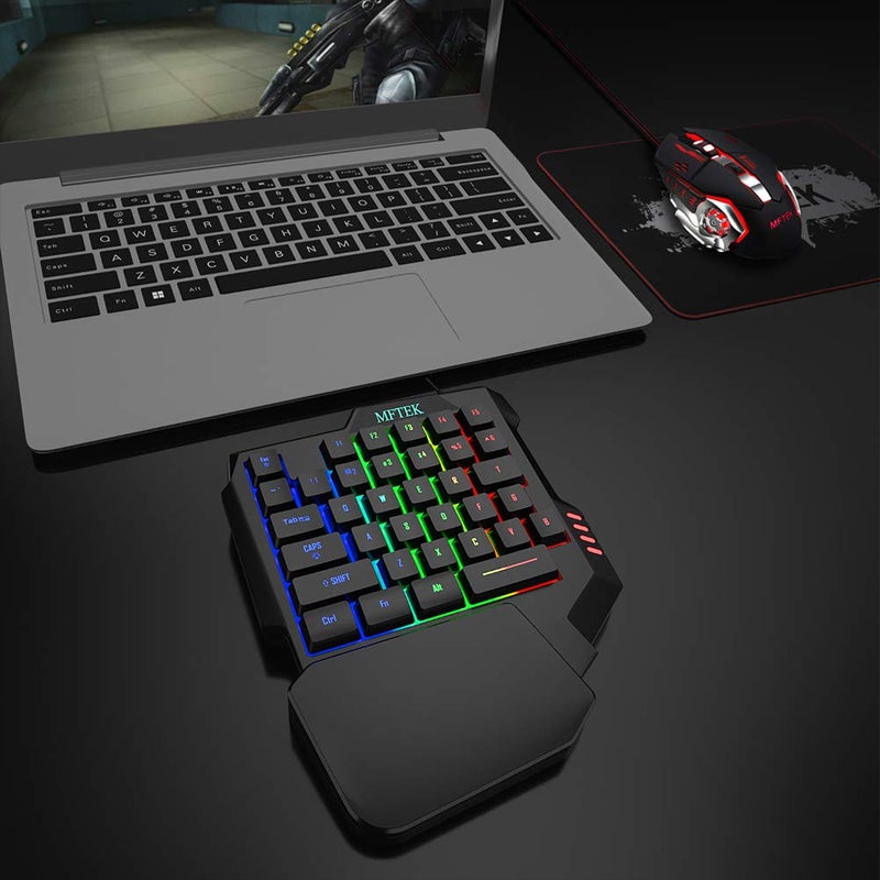 MFTEK One Hand Gaming Keyboard and Mouse Combo, RGB Rainbow Backlit One-Handed Mechanical Feeling Keyboard with Wrist Rest Support, USB Wired Keyboard Mouse and Mouse Pad Set for PC PS4 Gamer - Image 2